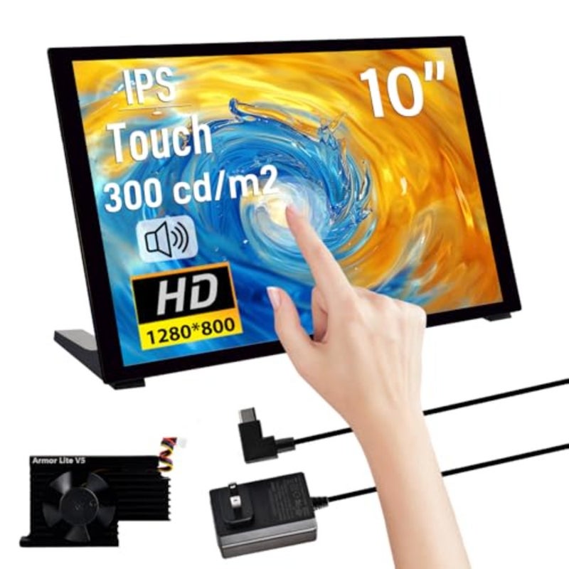 شاشة Raspberry Pi: شاشة HDMI تعمل باللمس بالسعة IPS مقاس 10.1 بوصة، ودقة 1280 × 800، وغطاء أسود، ودعم مكبر صوت مزدوج وفتحات تثبيت لـ Pi 5/4B/3B+/3B/B+ - Image 1