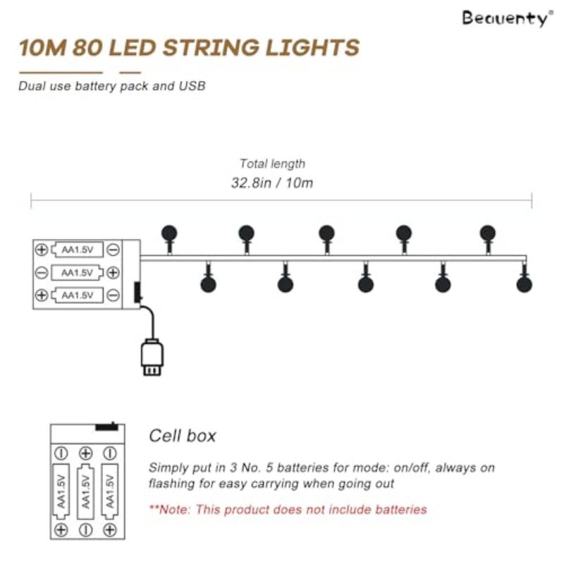 بيونتي 10 متر 80 مصباح سلسلة أضواء LED تعمل بالبطارية وتُشغّل عبر USB أضواء زينة مريحة للاستخدام الداخلي والخارجي مقاومة للماء، مناسبة للبيت والزفاف والتخييم وأساليب رمضان 2 - Image 2