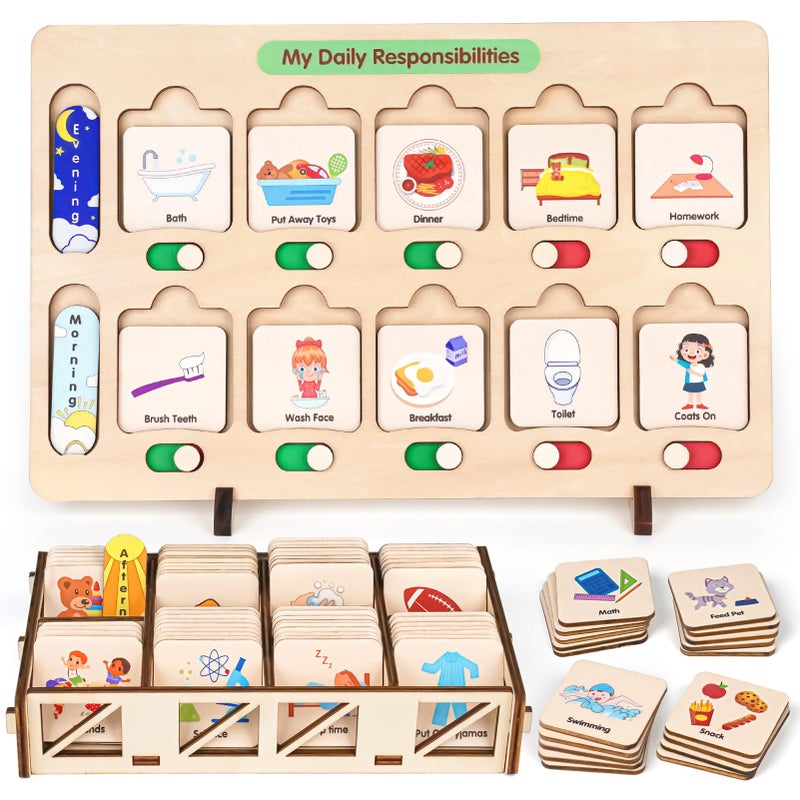 Dreamon Wooden Visual Schedule for Kids Chore Chart, Morning Bedtime Routine Charts for Kids Toddlers, autism learning materials&Daily Schedule Board for home - Image 1