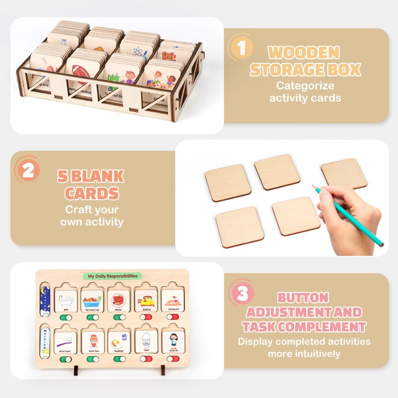 Dreamon Wooden Visual Schedule for Kids Chore Chart, Morning Bedtime Routine Charts for Kids Toddlers, autism learning materials&Daily Schedule Board for home - Image 5