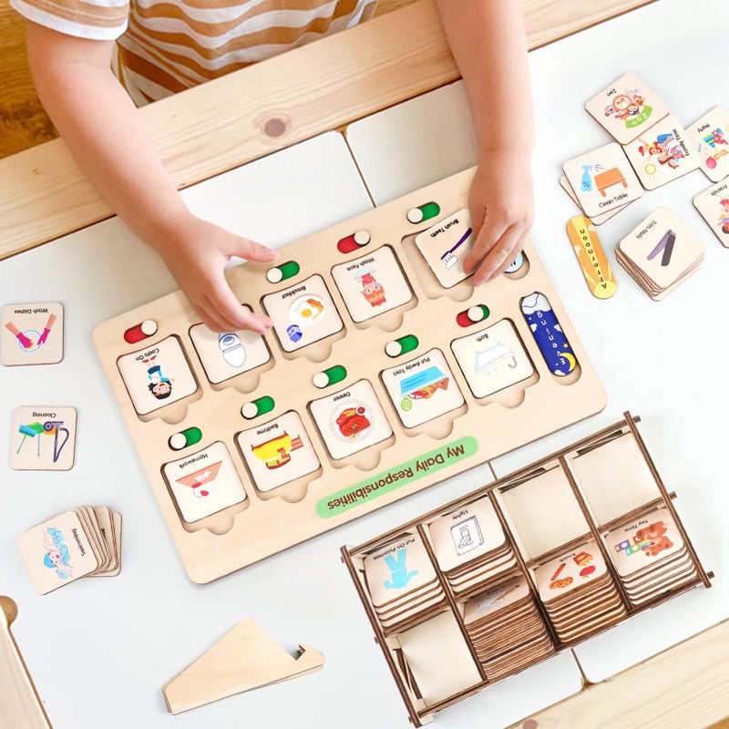 Dreamon Wooden Visual Schedule for Kids Chore Chart, Morning Bedtime Routine Charts for Kids Toddlers, autism learning materials&Daily Schedule Board for home - Image 3