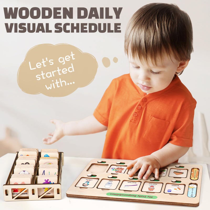 Dreamon Wooden Visual Schedule for Kids Chore Chart, Morning Bedtime Routine Charts for Kids Toddlers, autism learning materials&Daily Schedule Board for home - Image 2