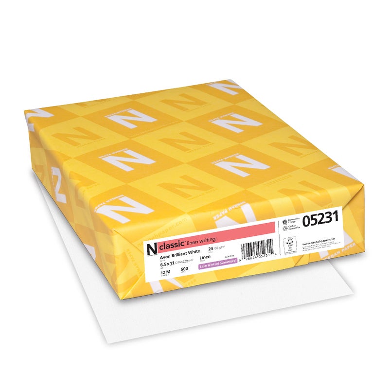 Neenah Classic Crest Paper, 8.5" x 11", 24 lb, Linen Finish, Avon Brilliant White, 500 Sheets (05231) - Image 1