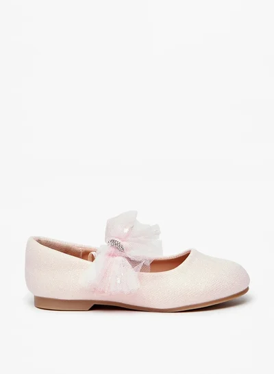 جونيورز Girls Embellished Bow Ballerina Shoes with Hook and Loop Closure