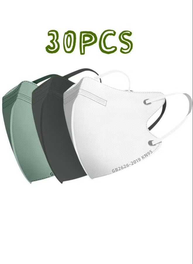 30 Pack 3D Disposable Adult Masks, 4-layer Meltblown Filter, with Elastic Earloops (Black, White, Green) - Image 1