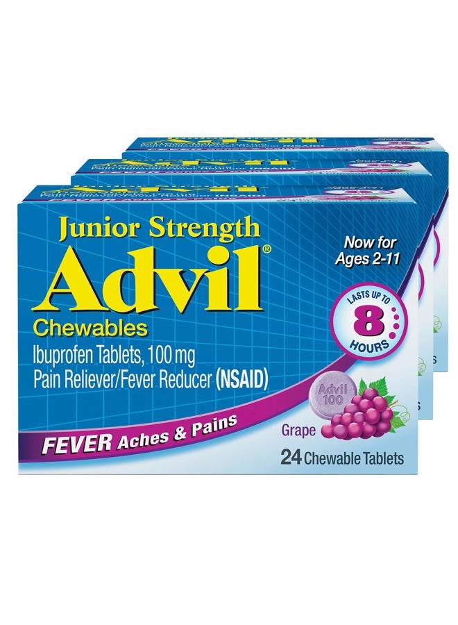 Advil مسكن آلام الإيبوبروفين القابل للمضغ للأطفال، خافض للحرارة، نكهة العنب - 24 قرص (عبوة من 3) - Image 1