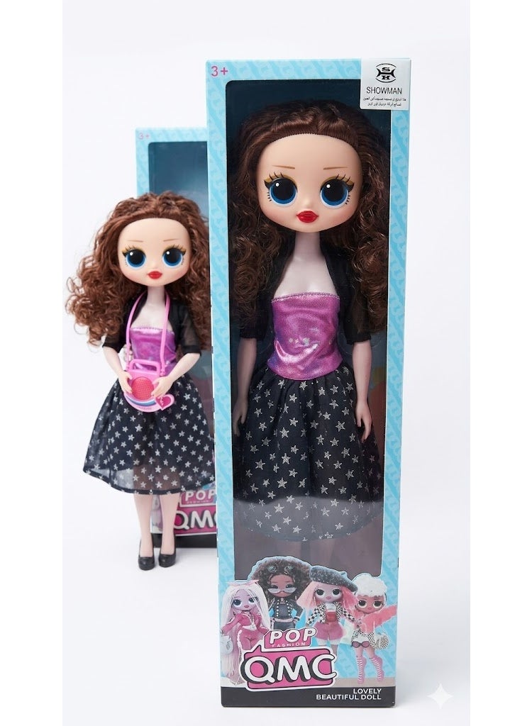 Stylish baby doll with dress, sound effects, and music