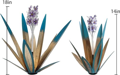 LCJECV Metal Agave Plant Garden Art 2 Pack Tequila Rustic Sculpture Rustic Metal Agave Plants Lawn Home Ornaments for Yard Stakes Garden Figurines Outdoor Patio 2 PCS Purple Flowers - Image 3