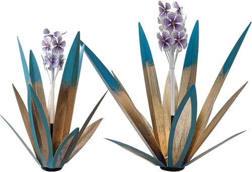 LCJECV Metal Agave Plant Garden Art 2 Pack Tequila Rustic Sculpture Rustic Metal Agave Plants Lawn Home Ornaments for Yard Stakes Garden Figurines Outdoor Patio 2 PCS Purple Flowers - Image 1