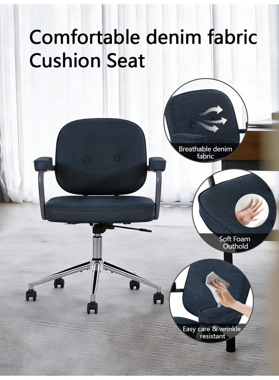 Armless Home Office Desk Chair with Wheels Ergonomic Modern Fabric Work Chair,Height Adjustable 360° Swivel Lumbar Support Low Back Rolling Chair For Small Spaces