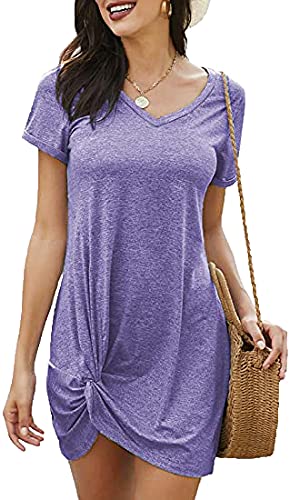 Locryz Womens Short Sleeve T Shirt Dress Loose Beach Midi Dresses M Lavender - Image 2