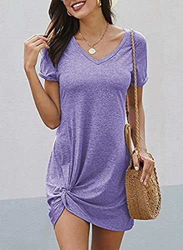 Locryz Womens Short Sleeve T Shirt Dress Loose Beach Midi Dresses M Lavender - Image 4