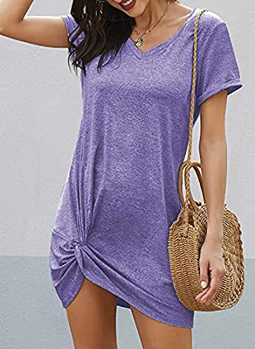 Locryz Womens Short Sleeve T Shirt Dress Loose Beach Midi Dresses M Lavender - Image 3