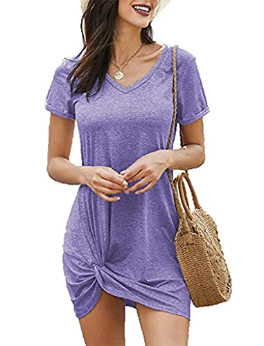 Locryz Womens Short Sleeve T Shirt Dress Loose Beach Midi Dresses M Lavender - Image 5