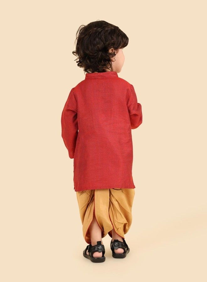 Fabindia Boys Viscose Blend Red Woven Mandarin Collar Full Sleeves Celebration Regular Fit Kurta & Dhoti Set - Image 3