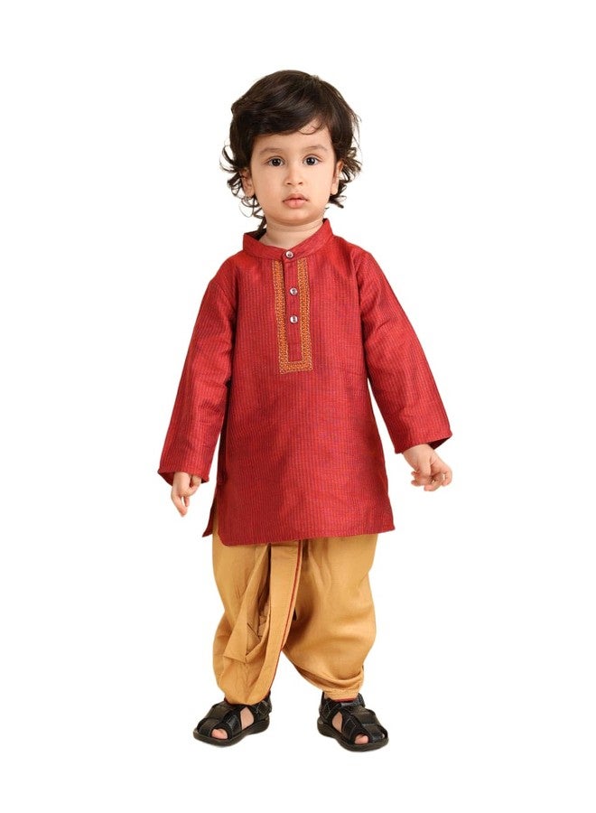 Fabindia Boys Viscose Blend Red Woven Mandarin Collar Full Sleeves Celebration Regular Fit Kurta & Dhoti Set - Image 1
