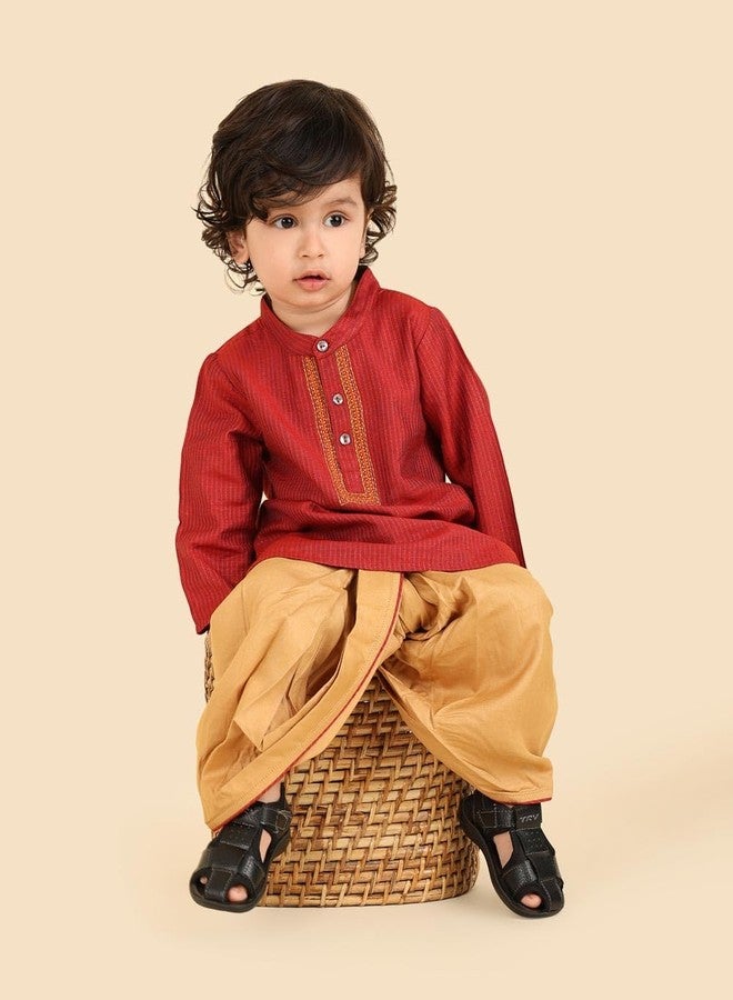 Fabindia Boys Viscose Blend Red Woven Mandarin Collar Full Sleeves Celebration Regular Fit Kurta & Dhoti Set - Image 4