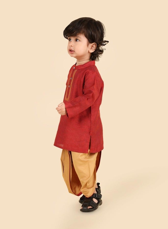 Fabindia Boys Viscose Blend Red Woven Mandarin Collar Full Sleeves Celebration Regular Fit Kurta & Dhoti Set - Image 2