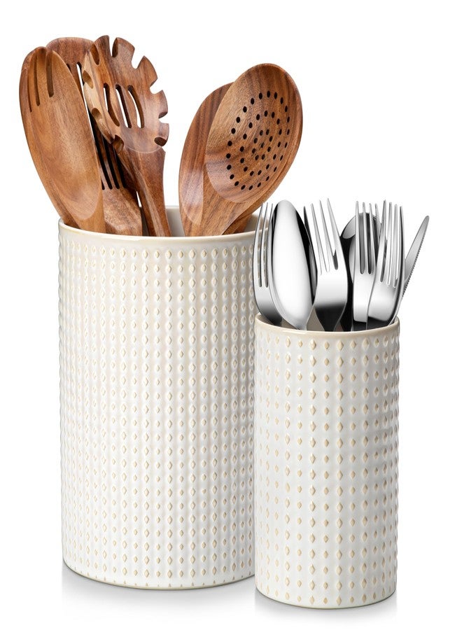 MALACASA LYDIA Ceramic Utensil Holders, 7.3"+5.5" Kitchen Utensil Crock Set for Countertop, Large & Small Utensil Organizers for Cooking Tools, Rhombus Pattern - Image 1
