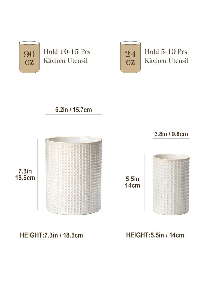 MALACASA LYDIA Ceramic Utensil Holders, 7.3"+5.5" Kitchen Utensil Crock Set for Countertop, Large & Small Utensil Organizers for Cooking Tools, Rhombus Pattern - Image 2