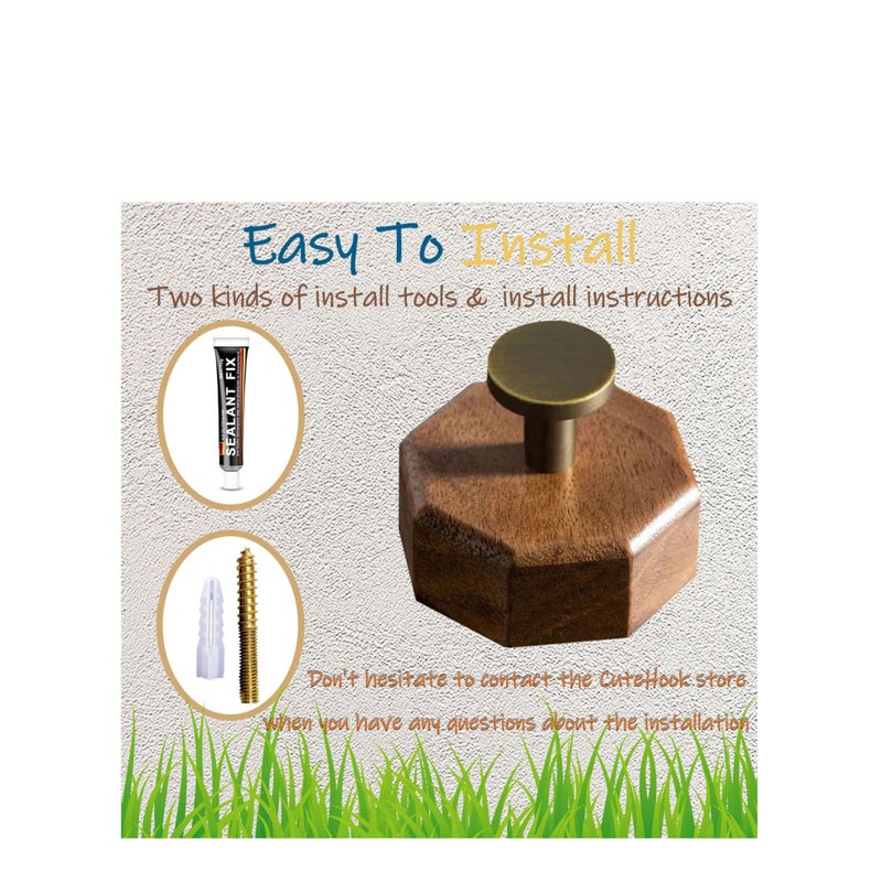 Zikra Decorative Wooden Wall Adhesive Hooks Heavy Duty and Small Black Walnut Wood Farmhouse Coat Hook Wall Mounted with Glue & Nails for Hanging Clothes, Purse,Key, Hat - Image 4