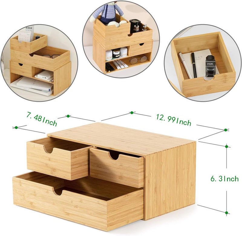 Wisuce Bamboo Desk Organizer - Mini Desktop Drawer Tabletop Storage Organization Box for Office Home Toiletries Supplies, No Assembly Required (3 Drawer) - Image 3