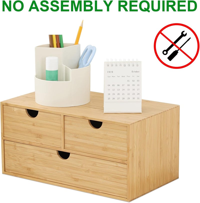 Wisuce Bamboo Desk Organizer - Mini Desktop Drawer Tabletop Storage Organization Box for Office Home Toiletries Supplies, No Assembly Required (3 Drawer) - Image 4