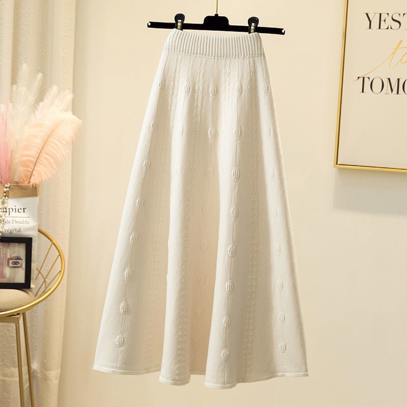 Mid-length Knitted Skirt Womens Spring and Autumn Matching Sweater High Waist A- shaped Umbrella Skirt Winter Skirt Wool Large Swing Long Skirt 1 Off-white [counter quality]