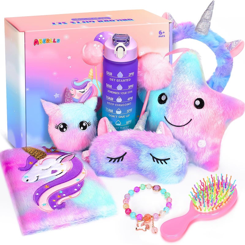ABERLLS Unicorn Gifts for Girls Age 6 7 8 9 10 Years Old Birthday for Girls Surprise Box with Light Up Plush Star Pillow Diary Headband Eye Mask Water Bottle Soft Plush Toys for Teens Christmas - Image 2