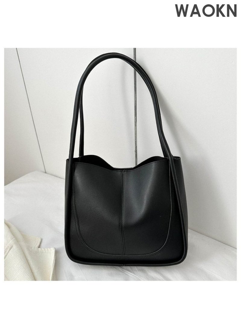 WAOKN Vintage large capacity shoulder bag, casual and simple fashion, commuting shoulder tote bag with small pendant, casual handbag, can be used for work, school, etc. (black). - Image 5
