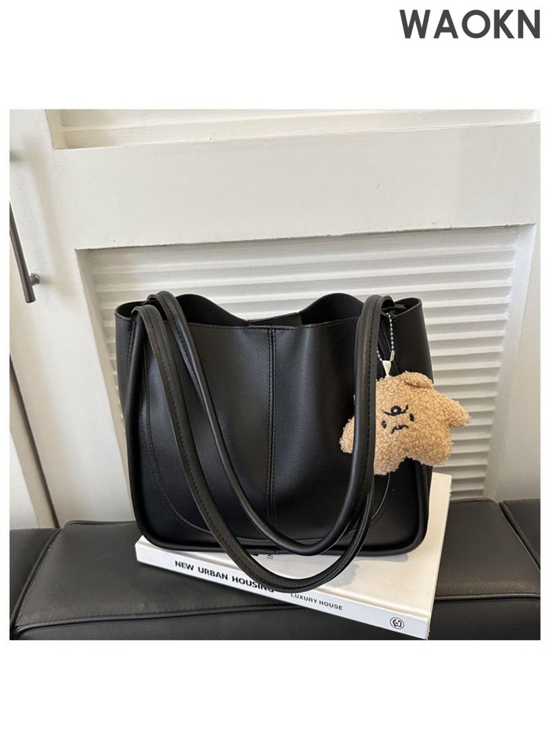 WAOKN Vintage large capacity shoulder bag, casual and simple fashion, commuting shoulder tote bag with small pendant, casual handbag, can be used for work, school, etc. (black). - Image 1