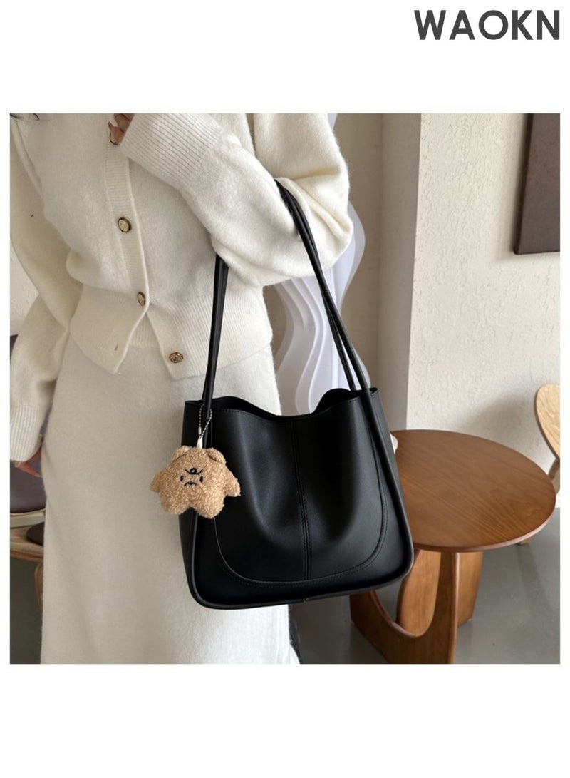 WAOKN Vintage large capacity shoulder bag, casual and simple fashion, commuting shoulder tote bag with small pendant, casual handbag, can be used for work, school, etc. (black). - Image 4