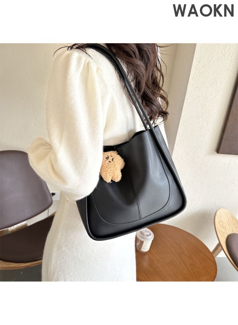 WAOKN Vintage large capacity shoulder bag, casual and simple fashion, commuting shoulder tote bag with small pendant, casual handbag, can be used for work, school, etc. (black). - Image 2