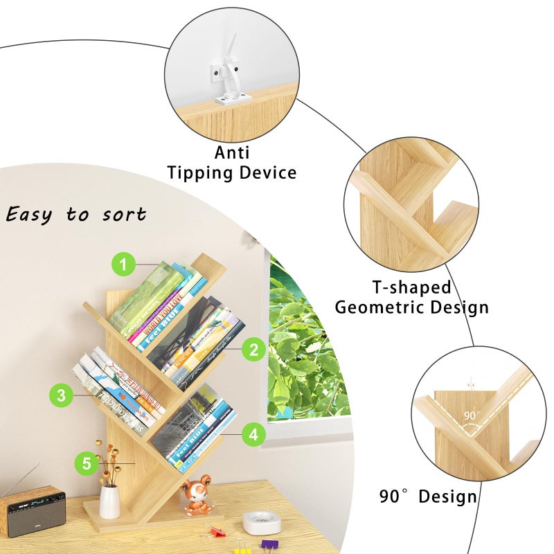 SHEEPAM 5 Tier Tree Book Shelf, Small Desktop Bookshelf with Storage Organizer, Wood Bookcase, Desk Display Bookshelves, Floor Standing Organizer Bookcases for Living Room,Bedroom,Office-Natural - Image 2