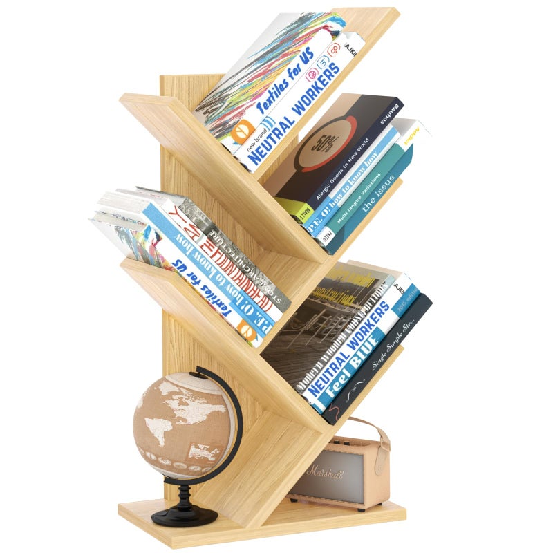 SHEEPAM 5 Tier Tree Book Shelf, Small Desktop Bookshelf with Storage Organizer, Wood Bookcase, Desk Display Bookshelves, Floor Standing Organizer Bookcases for Living Room,Bedroom,Office-Natural - Image 1