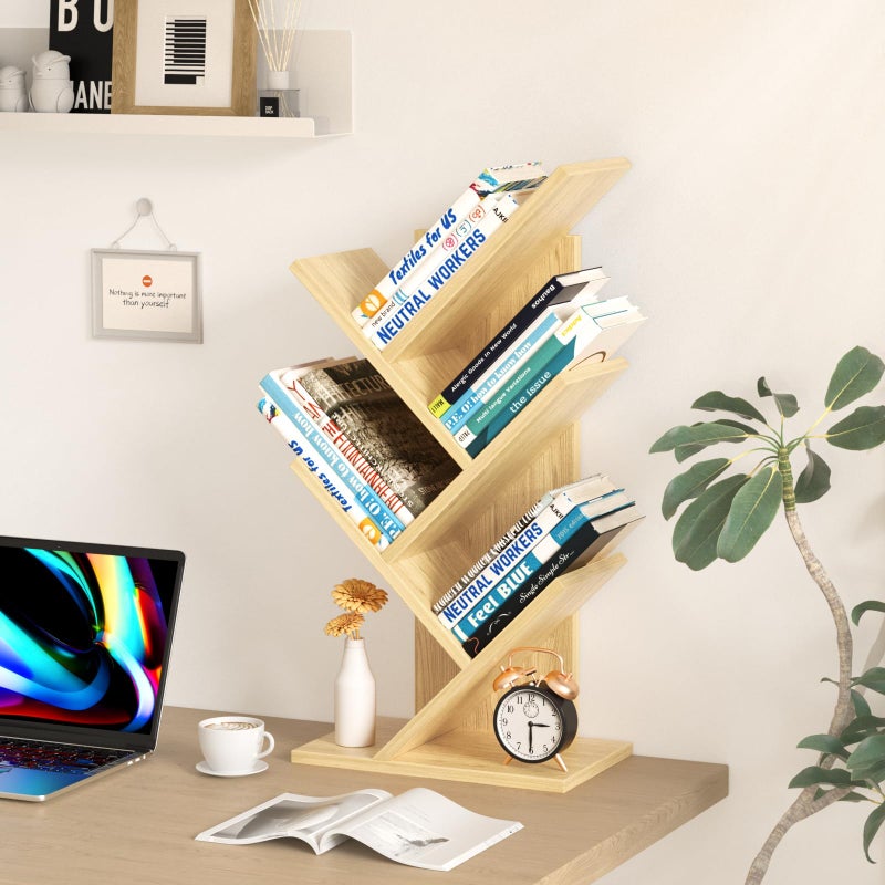SHEEPAM 5 Tier Tree Book Shelf, Small Desktop Bookshelf with Storage Organizer, Wood Bookcase, Desk Display Bookshelves, Floor Standing Organizer Bookcases for Living Room,Bedroom,Office-Natural - Image 4