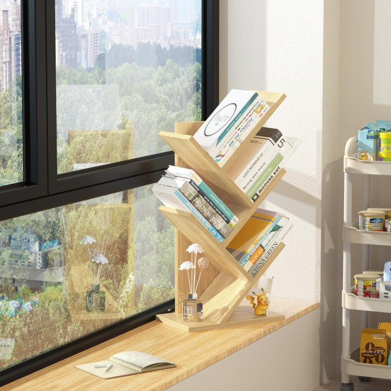 SHEEPAM 5 Tier Tree Book Shelf, Small Desktop Bookshelf with Storage Organizer, Wood Bookcase, Desk Display Bookshelves, Floor Standing Organizer Bookcases for Living Room,Bedroom,Office-Natural - Image 5