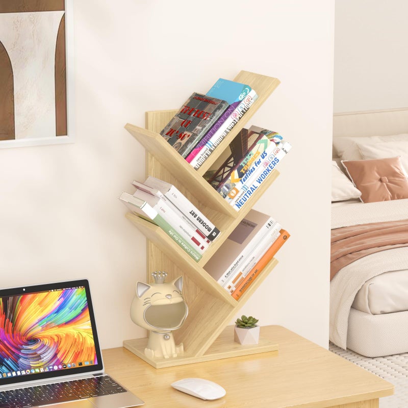 SHEEPAM 5 Tier Tree Book Shelf, Small Desktop Bookshelf with Storage Organizer, Wood Bookcase, Desk Display Bookshelves, Floor Standing Organizer Bookcases for Living Room,Bedroom,Office-Natural - Image 3