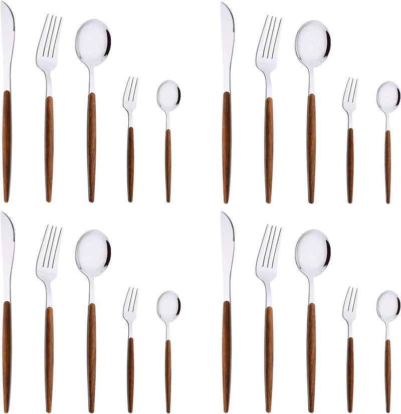 Uniturcky 20Piece Silverware Set for 4 Stainless Steel Flatware Tableware Set Mirror Finish Tableware Cutlery Set for Family Kitchen Restaurant Faux Wooden Handle Dishwasher SafeSilver  Brown - Image 1