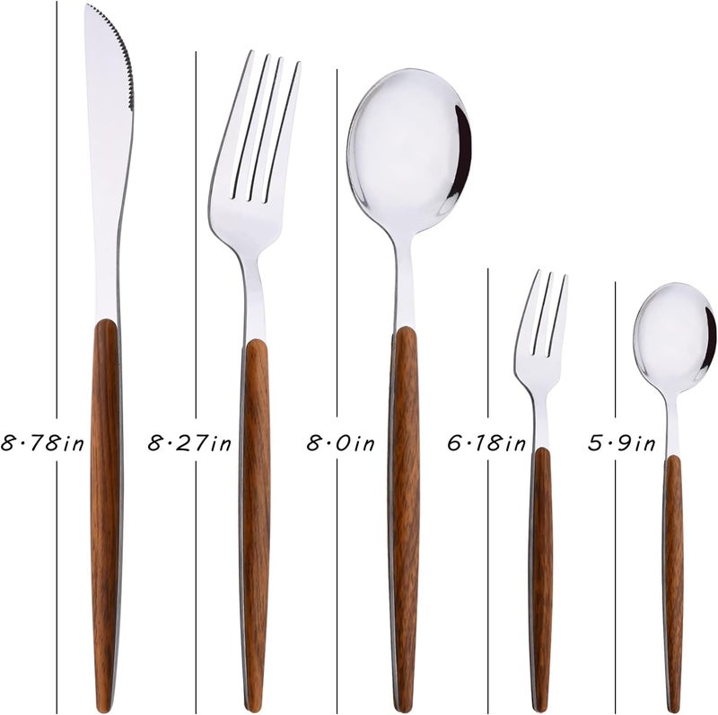 Uniturcky 20Piece Silverware Set for 4 Stainless Steel Flatware Tableware Set Mirror Finish Tableware Cutlery Set for Family Kitchen Restaurant Faux Wooden Handle Dishwasher SafeSilver  Brown - Image 2