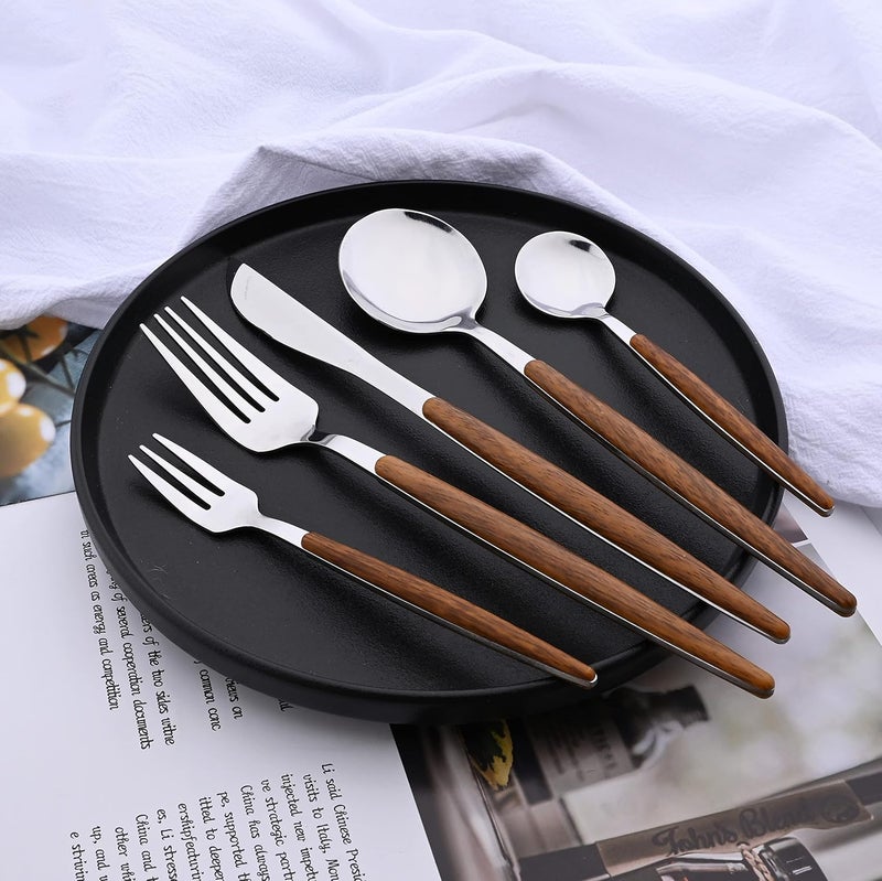 Uniturcky 20Piece Silverware Set for 4 Stainless Steel Flatware Tableware Set Mirror Finish Tableware Cutlery Set for Family Kitchen Restaurant Faux Wooden Handle Dishwasher SafeSilver  Brown - Image 3