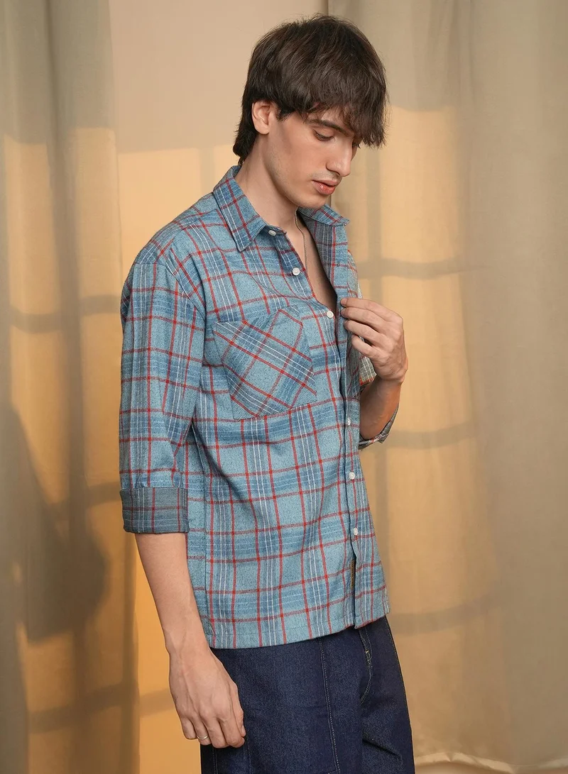 Campus Sutra Men's Cornflower Blue Tartan Plaid Shirt