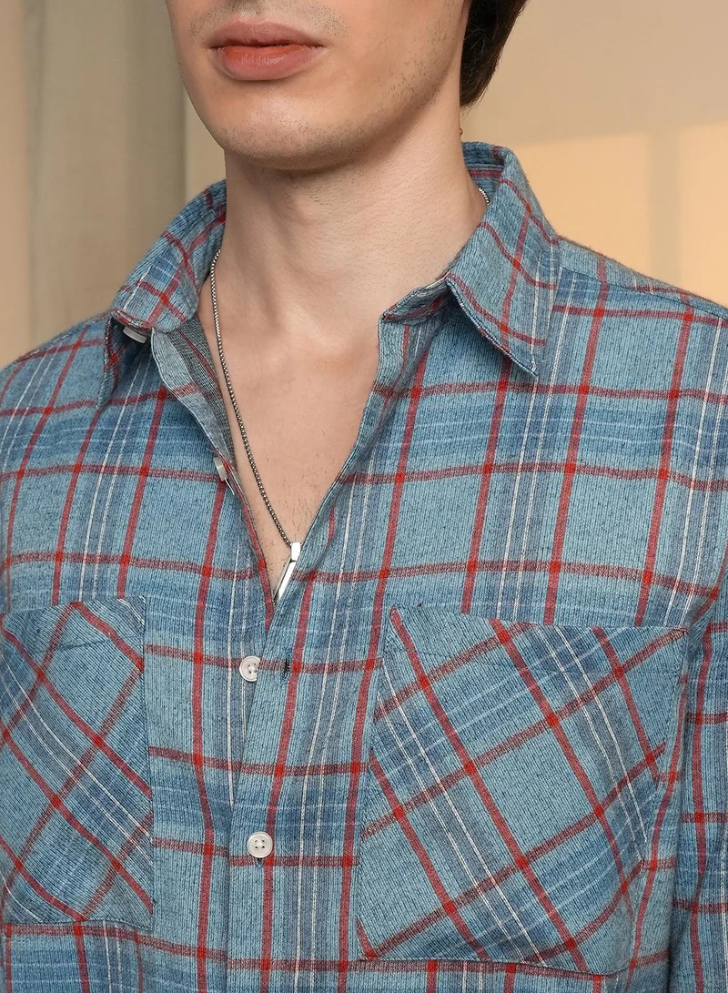 Campus Sutra Men's Cornflower Blue Tartan Plaid Shirt