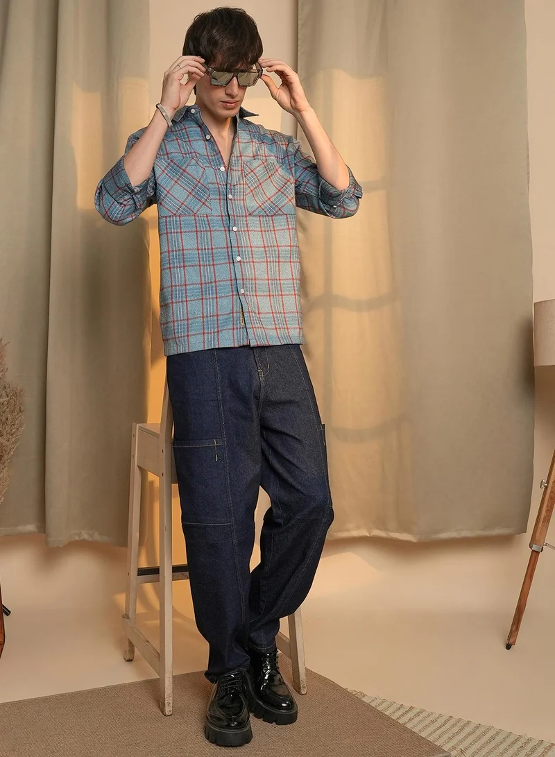 Campus Sutra Men's Cornflower Blue Tartan Plaid Shirt