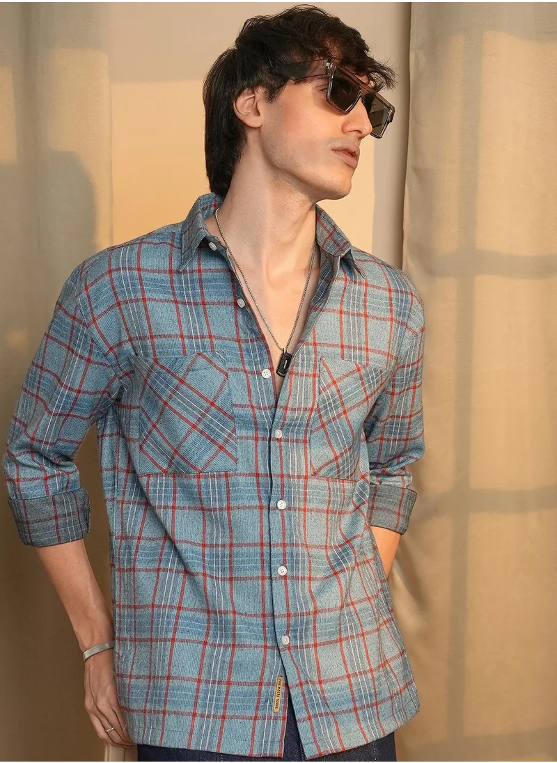 Campus Sutra Men's Cornflower Blue Tartan Plaid Shirt