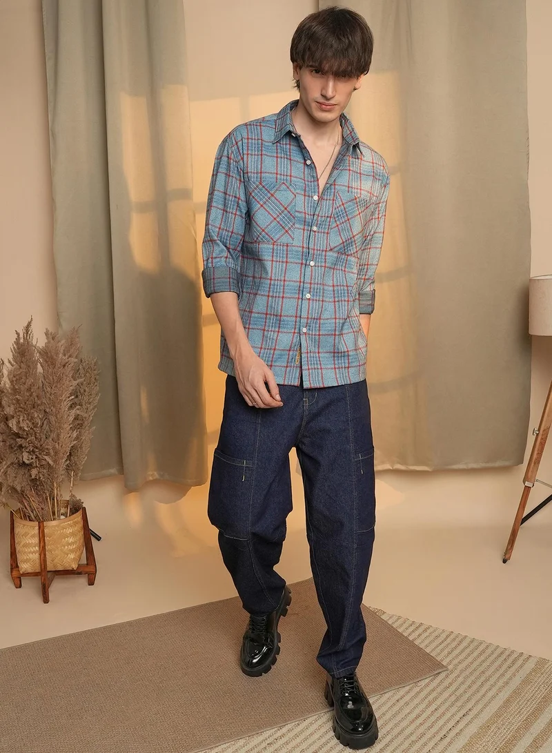 Campus Sutra Men's Cornflower Blue Tartan Plaid Shirt