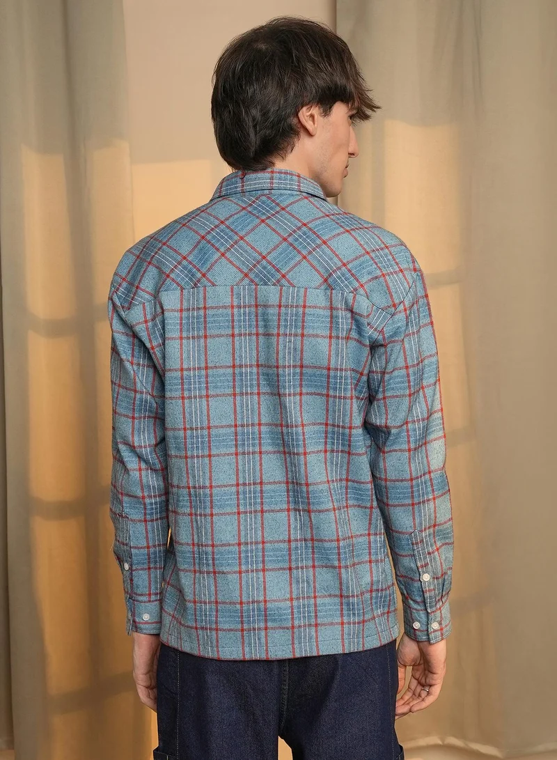 Campus Sutra Men's Cornflower Blue Tartan Plaid Shirt