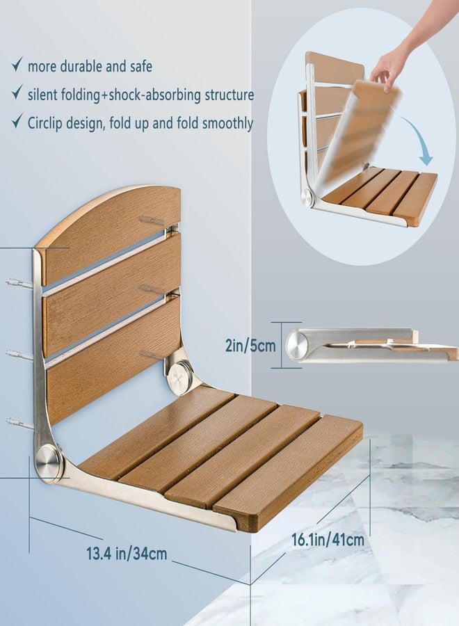 Duseu Folding Shower Seat, 16" Foldable Shower Chair Wall Mounted for Inside Shower, Stainless Steel & Hdps Wood Fold Down Shower Bench for Elderly and Disabled - 400lbs - Image 2