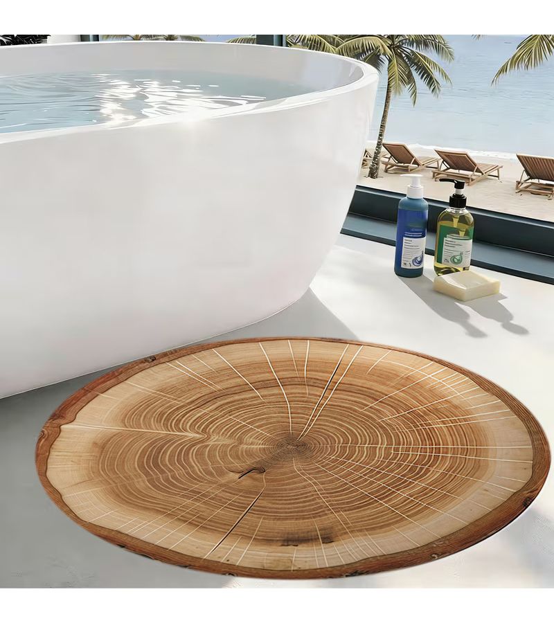 Round Bathroom Mat With Tree Stump Print 47.2 Inch Non Slip Flannel - Image 2
