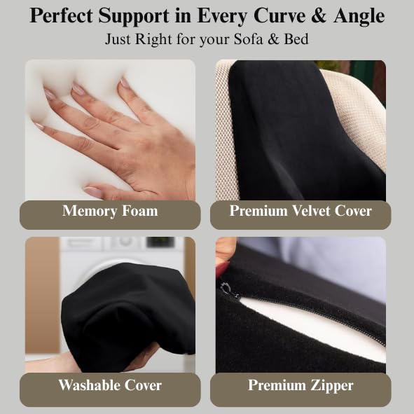 CUSHIO Sofa Backrest Cushion | Ergonomic Memory Foam Lumbar Support for Sofa & Bed, Back Pain Relief Pillow for Reading & Relaxing, Removable Velvet Cover (Black) Pack of 1 - Image 5